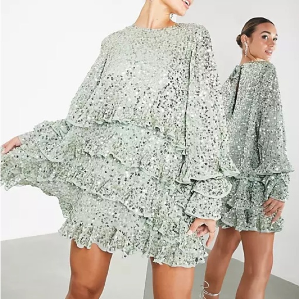 ASOS EDITION frill sequin smock mini dress in pale green